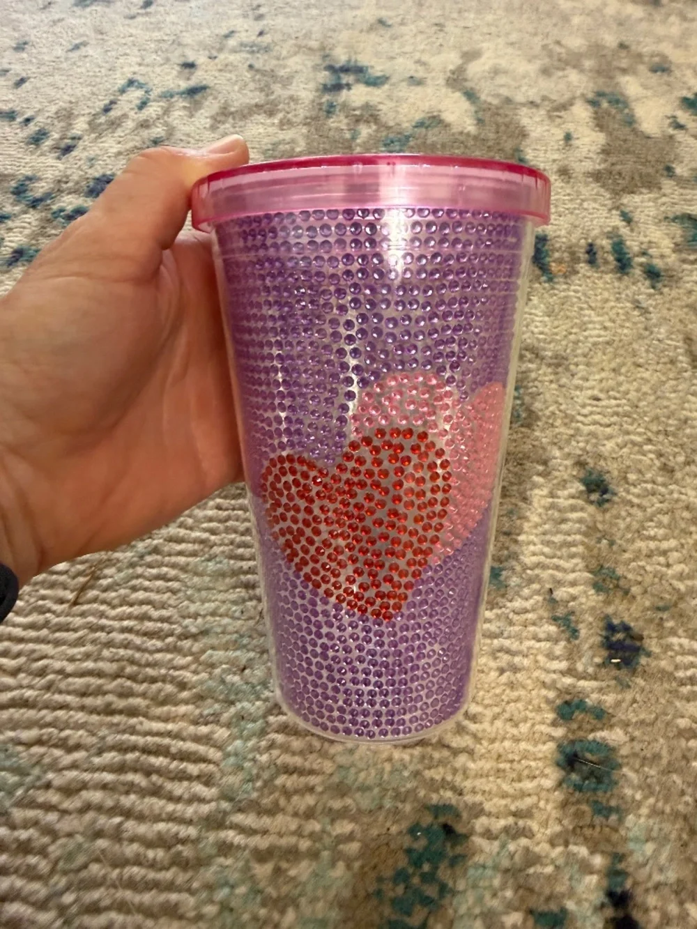 Pink Purple Red Heart clear plastic double insulated cup with lid girls toddler